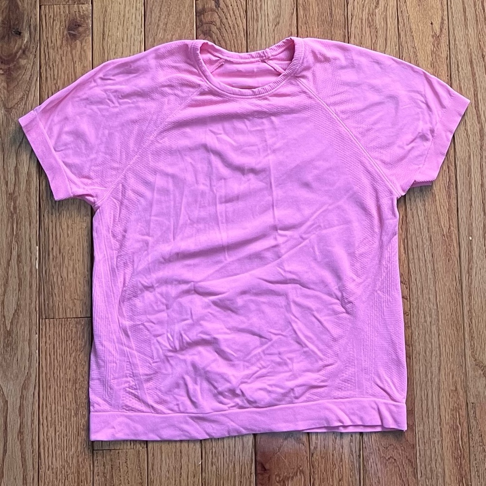 Athleta Girl pink athletic short sleeved shirt, no size tag, see measurements